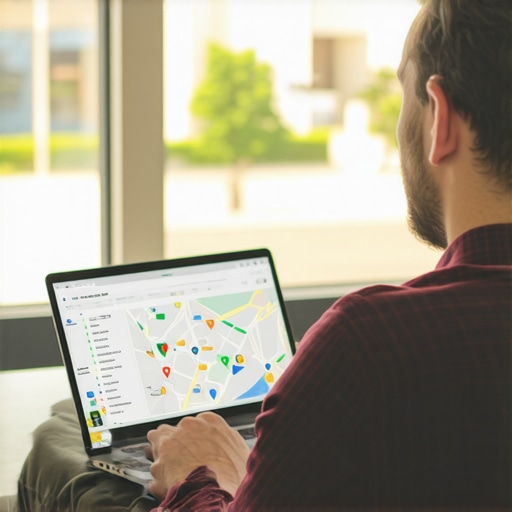 Business owner analyzing local SEO data on a laptop, planning Google Maps optimization