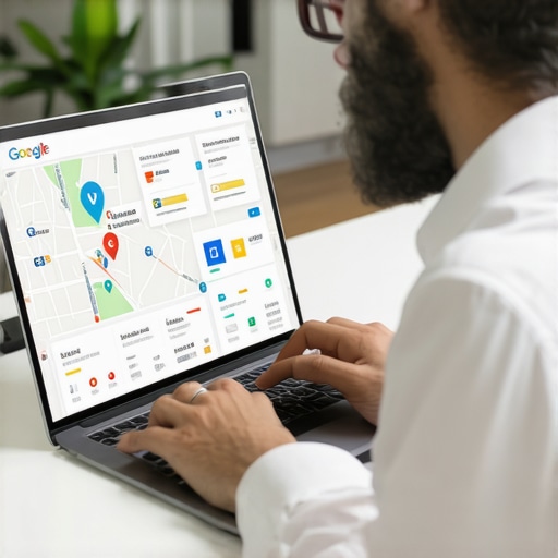 Digital marketer reviewing Google Maps ranking analytics on a laptop for local SEO