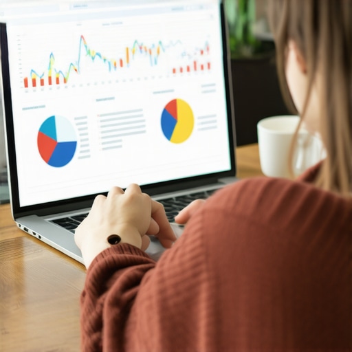 Person reviewing local SEO analytics on a laptop with graphs and charts in a home office.