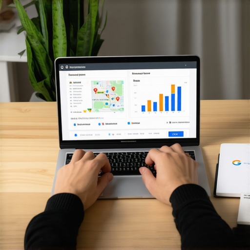 Person analyzing local SEO data on laptop with Google Maps and charts