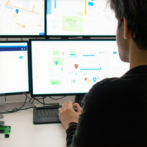 Optimizing Google Maps with Analytics Tools A professional reviewing local SEO analytics on multiple monitors with Google Maps interface