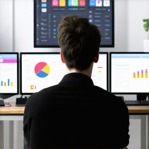 Person analyzing local SEO and review management dashboards on multiple screens.