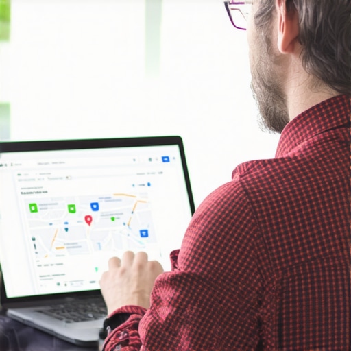 Business owner examining local search ranking metrics on a computer.