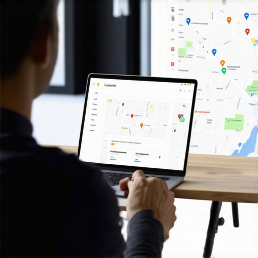 Business owner analyzing Google Maps ranking data on laptop.