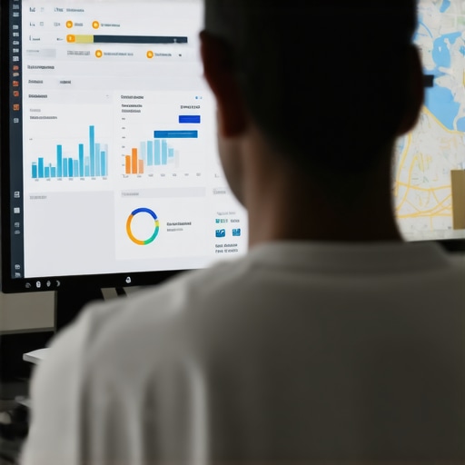 A business owner reviewing local SEO analytics on a laptop with charts and maps.