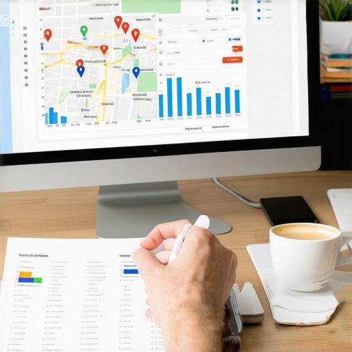 Person analyzing maps and SEO charts on a desktop to maintain Google Maps rankings