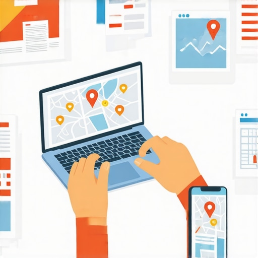 Monitoring Local SEO Tools Person analyzing Google Maps rankings and citations using multiple devices.