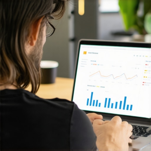 Business owner updating GMB profile on laptop with analytics charts