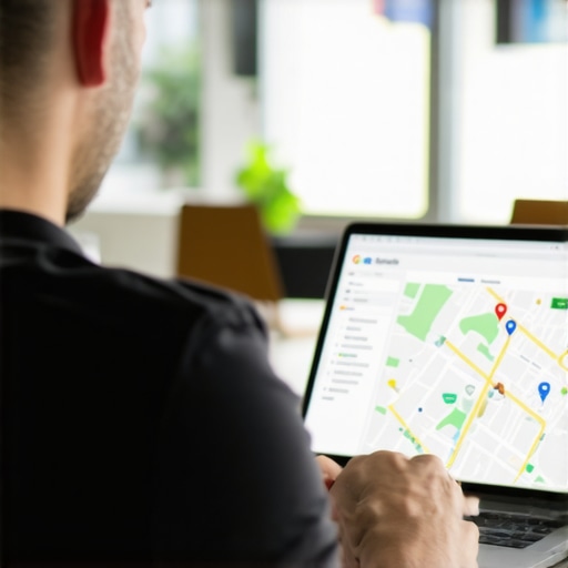 Business owner updating Google My Business profile on a laptop with maps