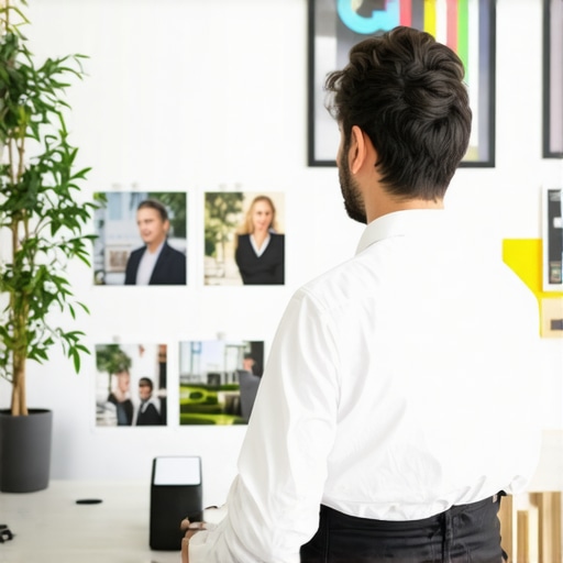 Business owner updating Google My Business profile with photos and details in an office environment