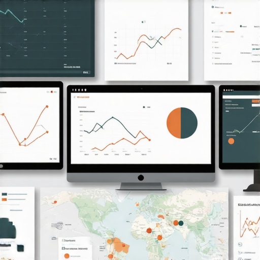 A workspace showing computers with SEO dashboards, maps, and analytics tools