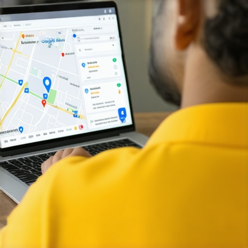 Business owner reviewing Google Maps listing details on laptop