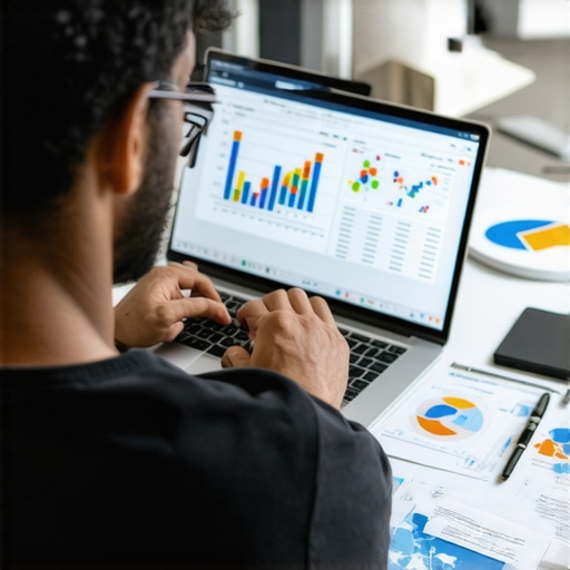 Monitoring Local SEO Performance A digital marketer reviewing local SEO analytics on a computer screen, with charts and maps in the background.