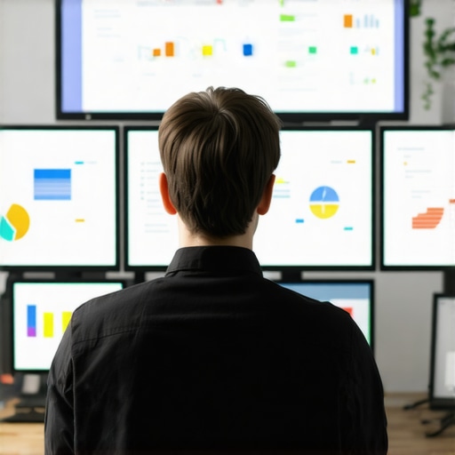 SEO Maintenance Workflow Person reviewing local SEO analytics on monitors