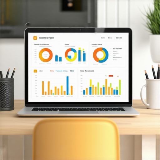 SEO Tools Workspace for Google Maps Optimization A workspace featuring a laptop with SEO analytics dashboards for local ranking management.