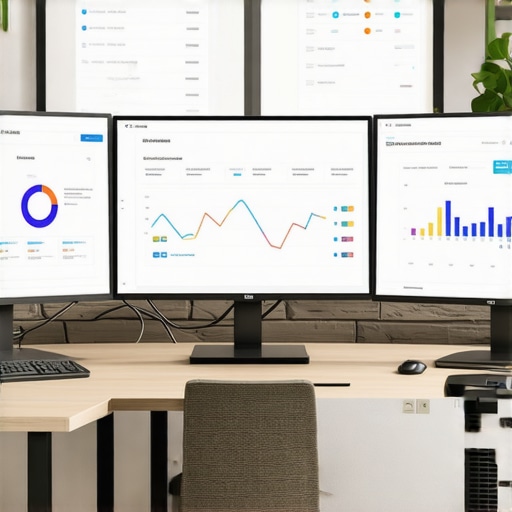 SEO and Local Ranking Tools Workspace A workspace setup with screens showing SEO analytics and citation management dashboards.