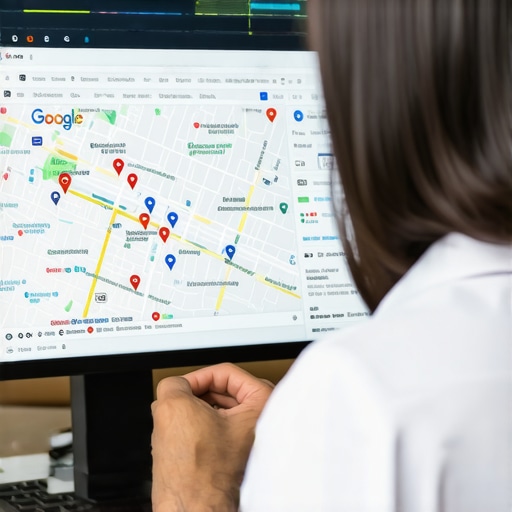 Person reviewing and auditing a Google Maps profile on a computer monitor with analytics tools.