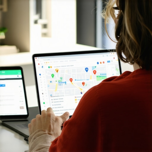 Google Maps Troubleshooting Checklist Business owner analyzing Google Maps profile errors on laptop to improve ranking.