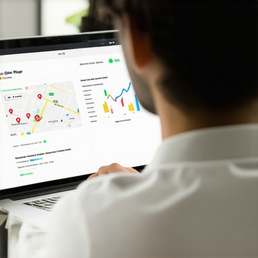 Person analyzing local SEO metrics on laptop, with maps and analytics
