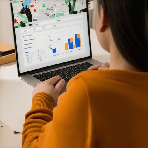 Person reviewing GMB profile data on a laptop with charts and maps