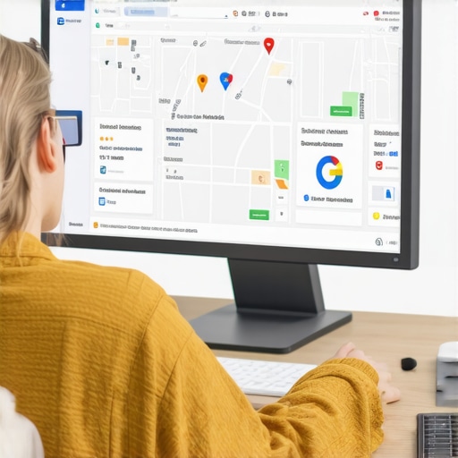 Person reviewing Google My Business profile on computer with maps and analytics