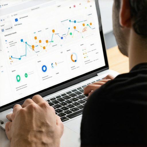 Using Local SEO Tools for Map Optimization Business owner analyzing local SEO data on a laptop with maps and analytics