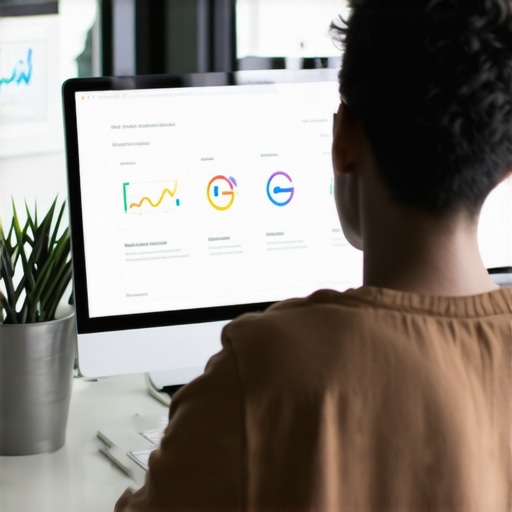 Audit Your Google My Business Profile Business owner analyzing Google's business profile with data charts and checklists.