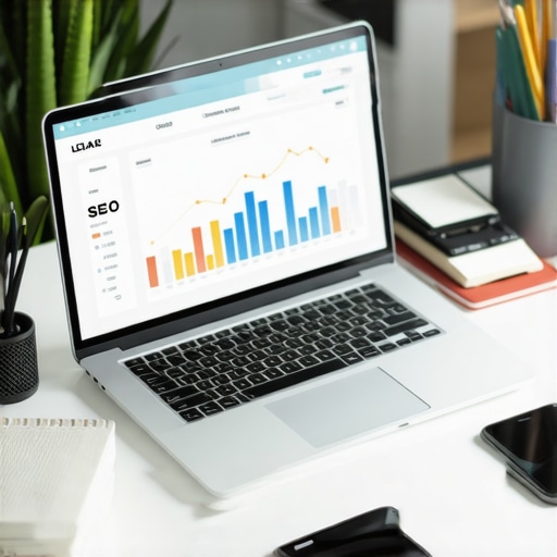 Laptop showing local SEO dashboards on a cluttered desk with notebooks and smartphone, indicating ongoing maintenance.