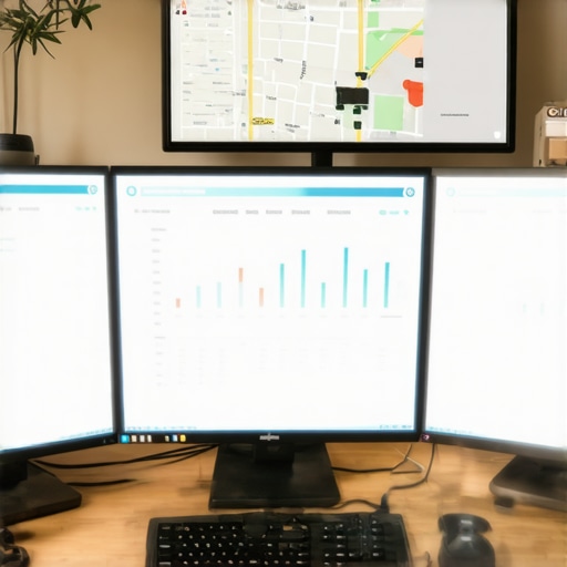 SEO Tools for Local Maps Maintenance Workstation with multiple monitors showing local SEO dashboards and citation management tools
