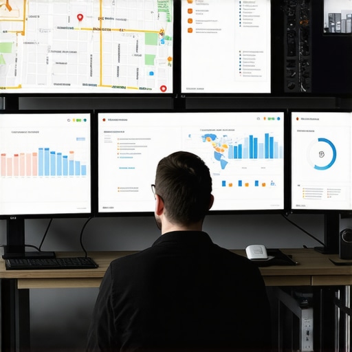 Monitoring Local SEO Metrics Person analyzing SEO dashboards showing Google Maps rankings and analytics.