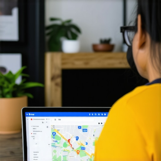 Optimizing Google Maps Profile Business owner updating business profile on laptop in front of storefront